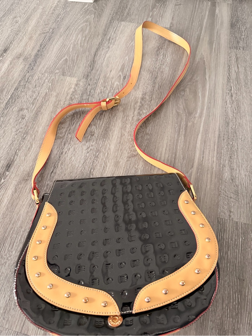 Arcadia Women’s Black Patent Crossbody Bag with Tan Trim